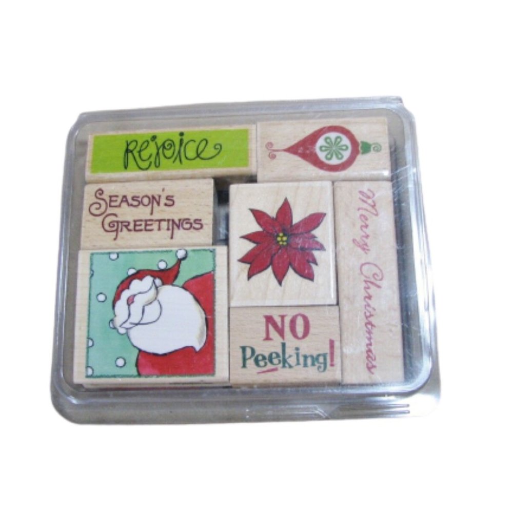 Christmas Rubber Wood Ink Stamps Lot of 7 Santa Craft Cards Santa